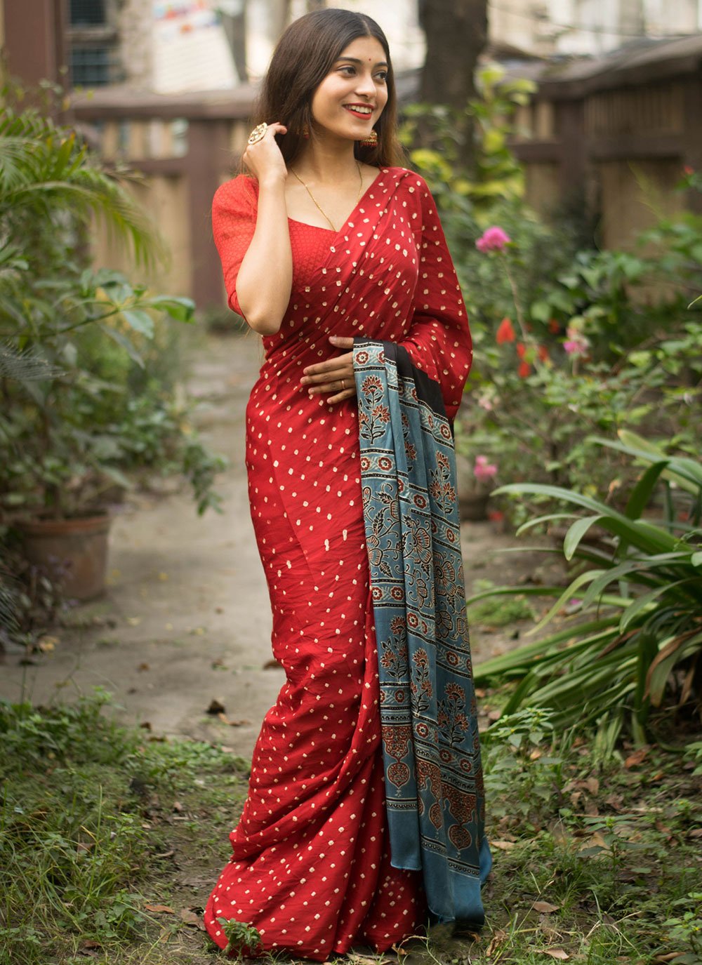 Red Abstract Print Festival Classic Saree