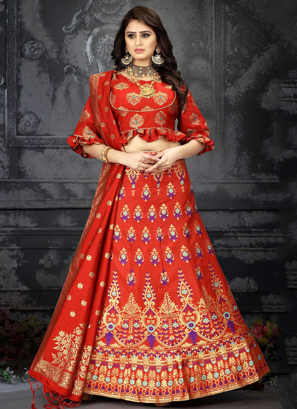 Red Art Banarasi Silk Lehenga Choli