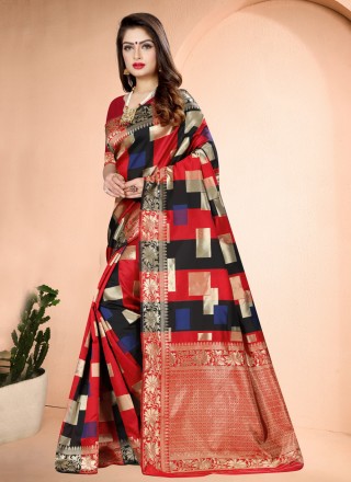 Red Art Banarasi Silk Printed Traditional Designer Saree