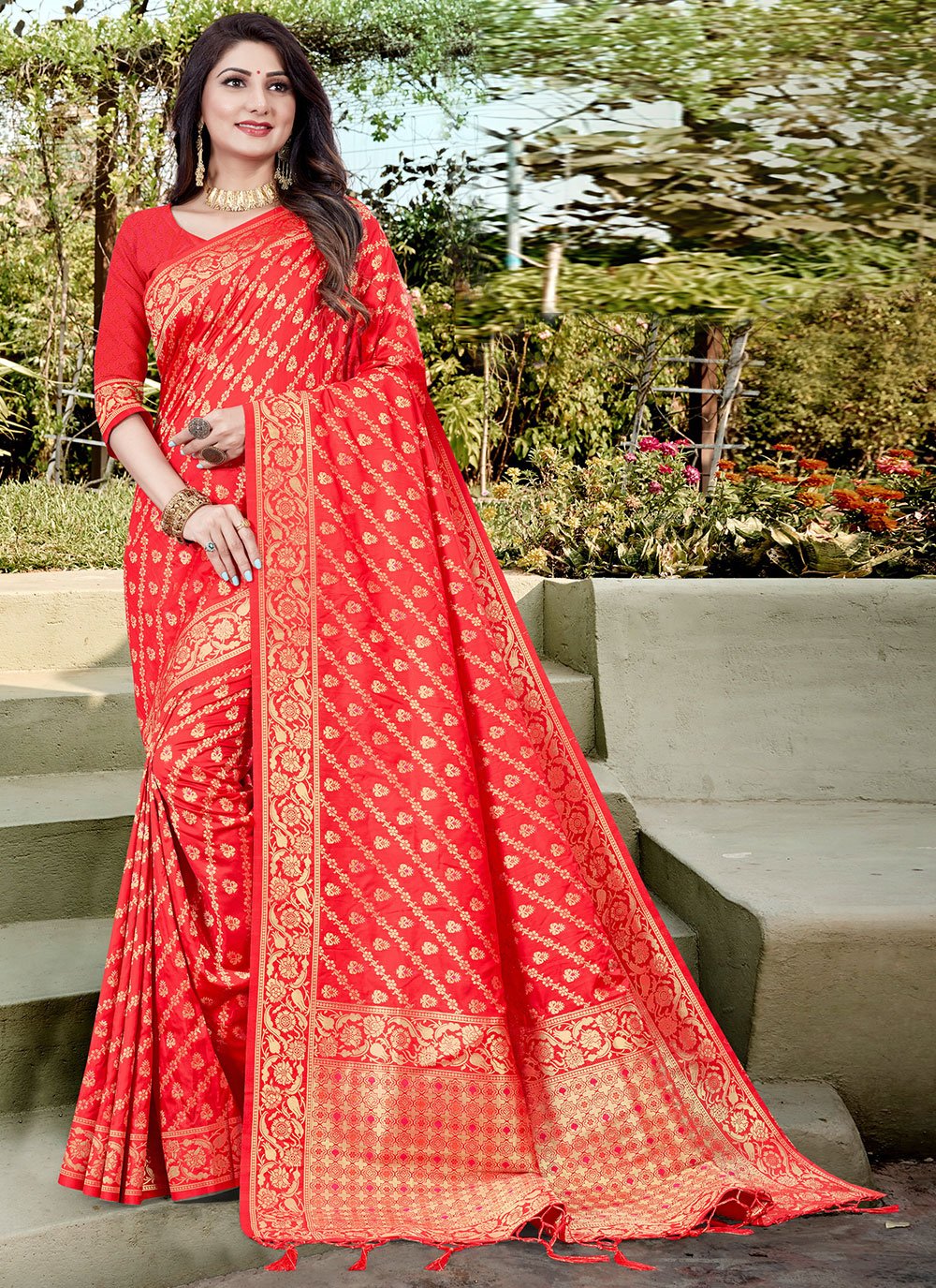 Red Banarasi Silk Traditional Designer Saree