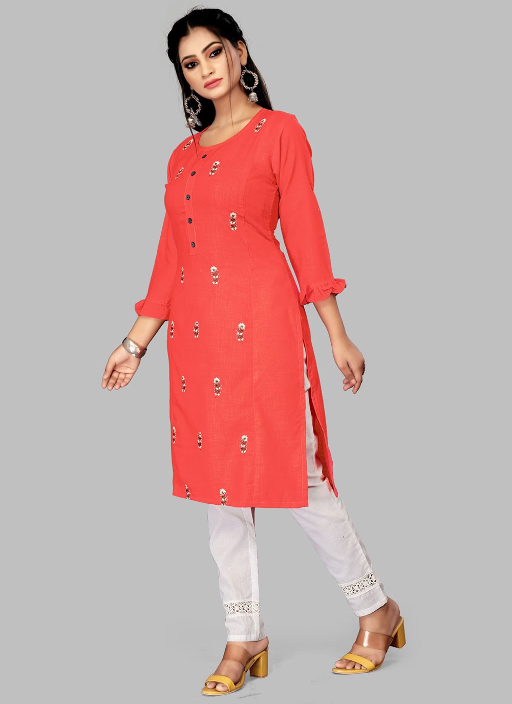 Red Blended Cotton Festival Party Wear Kurti