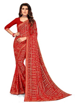 Red Ceremonial Faux Georgette Printed Saree