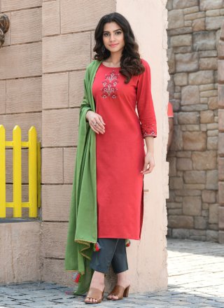 Red Cotton Embroidered Readymade Suit