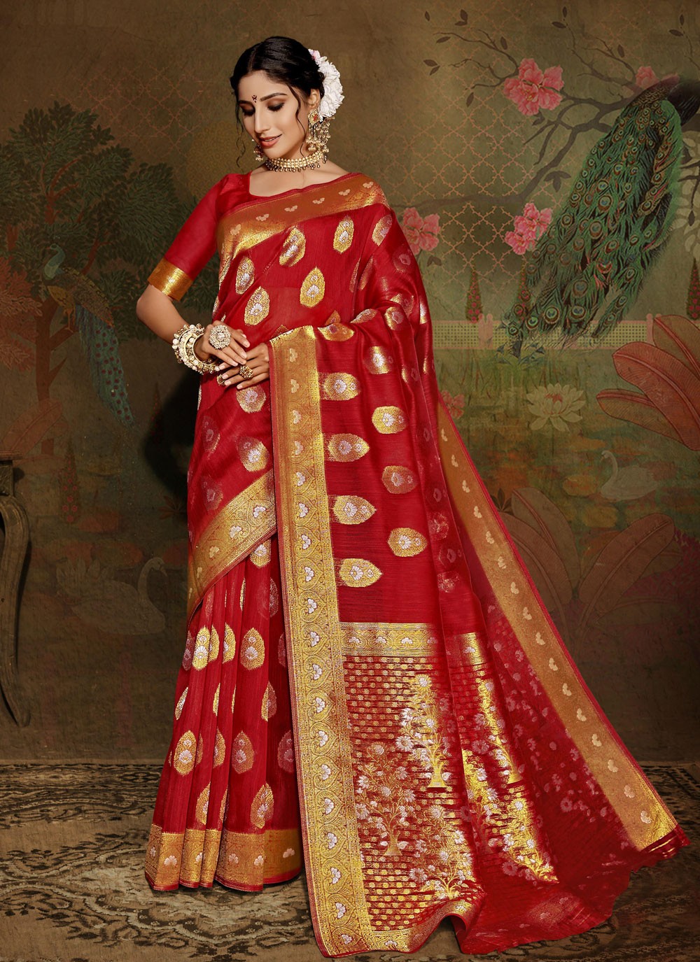 Buy Red Cotton Silk Traditional Designer Saree : 184682