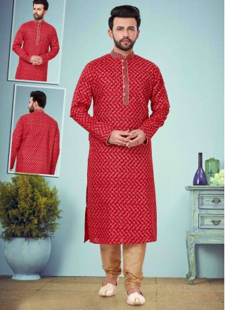 Red Embroidered Cotton Silk Kurta Pyjama