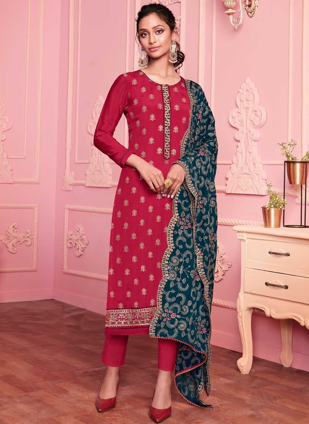 Red Embroidered Faux Georgette Pant Style Suit