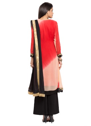 Red Embroidered Faux Georgette Readymade Salwar Kameez