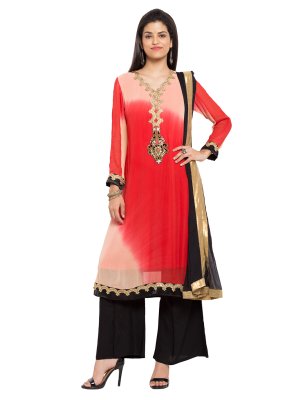 Red Embroidered Faux Georgette Readymade Salwar Kameez
