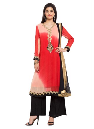 Red Embroidered Faux Georgette Readymade Salwar Kameez
