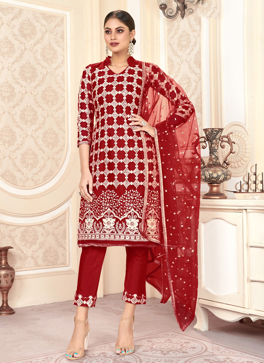 Red Embroidered Net Trendy Salwar Kameez