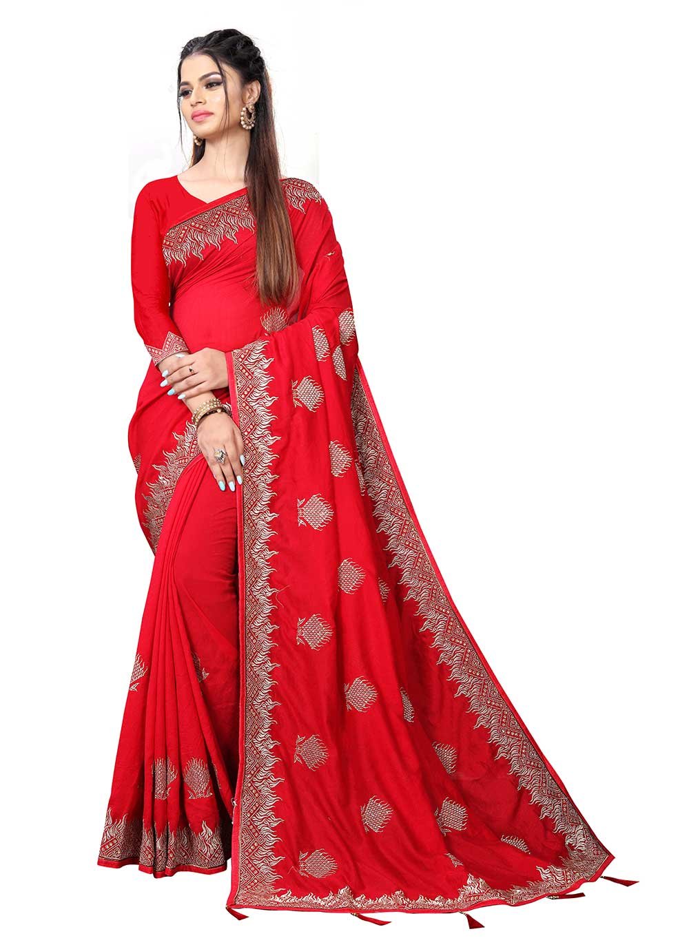Red Embroidered Vichitra Silk Traditional Designer Saree