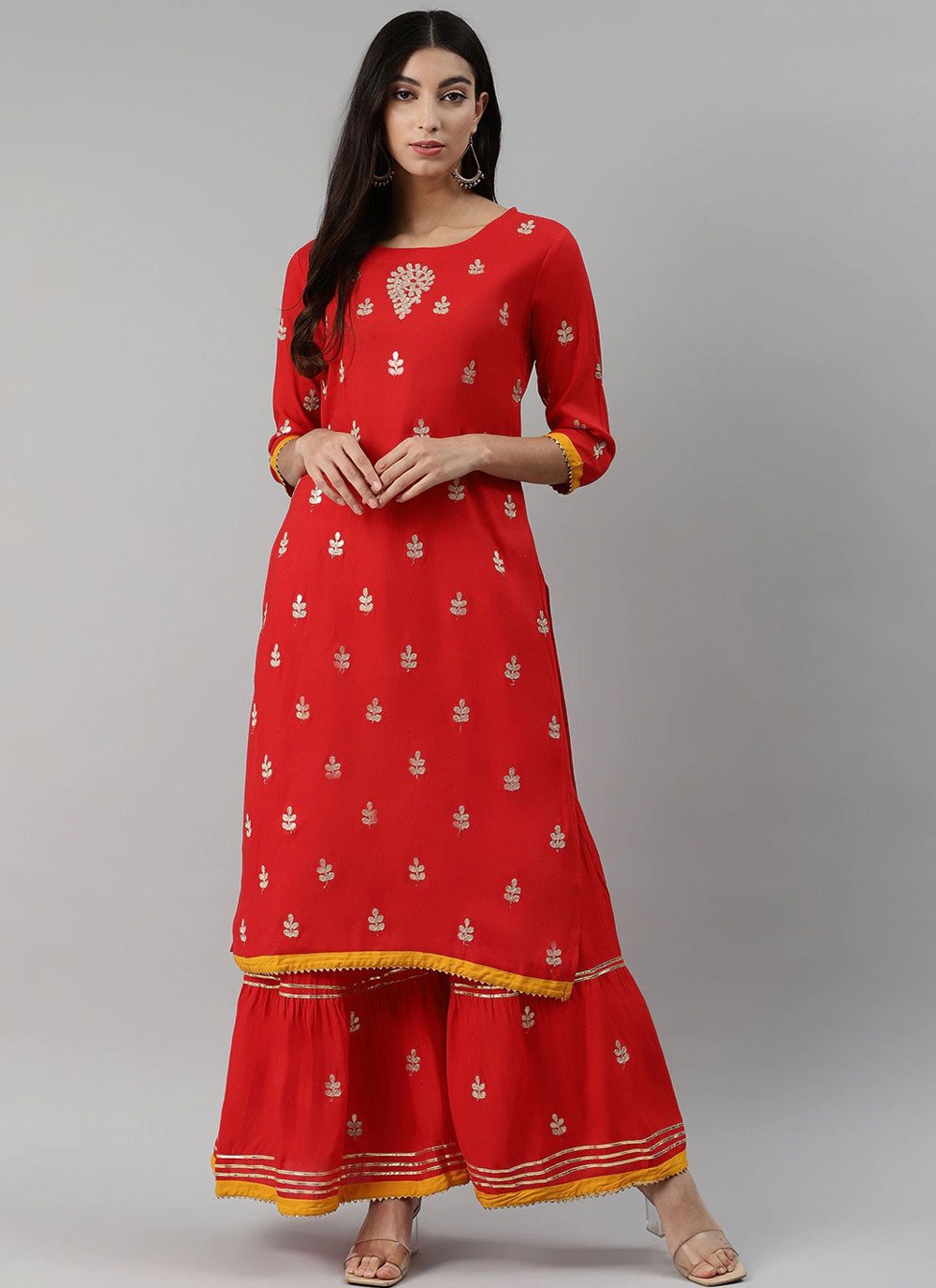Printed Green Kurti and Red Skirt with foil mirror embroidery work - Kurti  Fashion