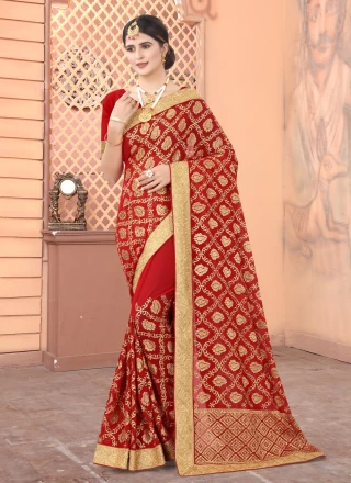 Red Faux Georgette Engagement Designer Traditional Saree