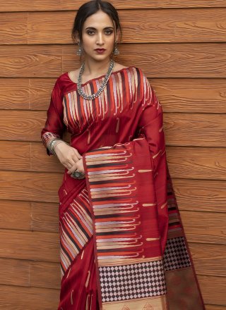 Red Festival Tussar Silk Traditional Designer Saree