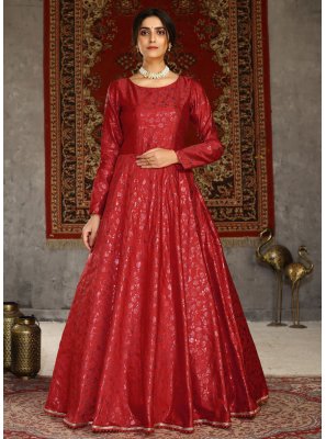 Red Foil Print Tafeta Silk Designer Gown