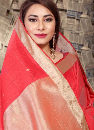 Red Linen Designer Saree