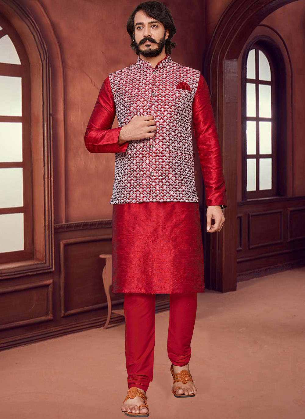 Red Lucknowi work Art Silk Kurta Payjama With Jacket