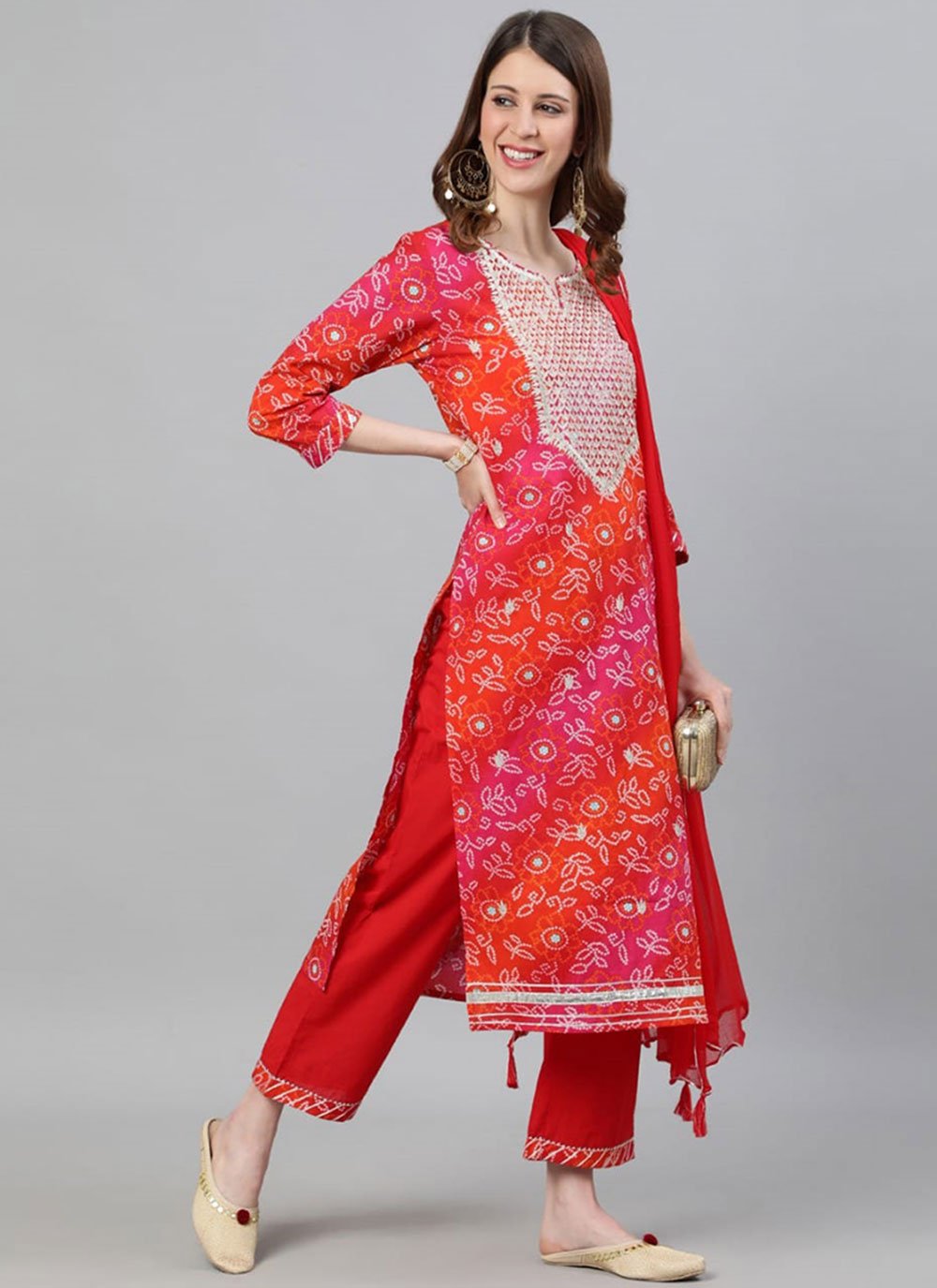 Red Print Cotton Designer Suit