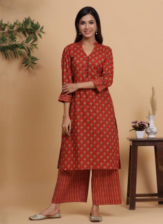 Red Printed Cotton Party Wear Kurti