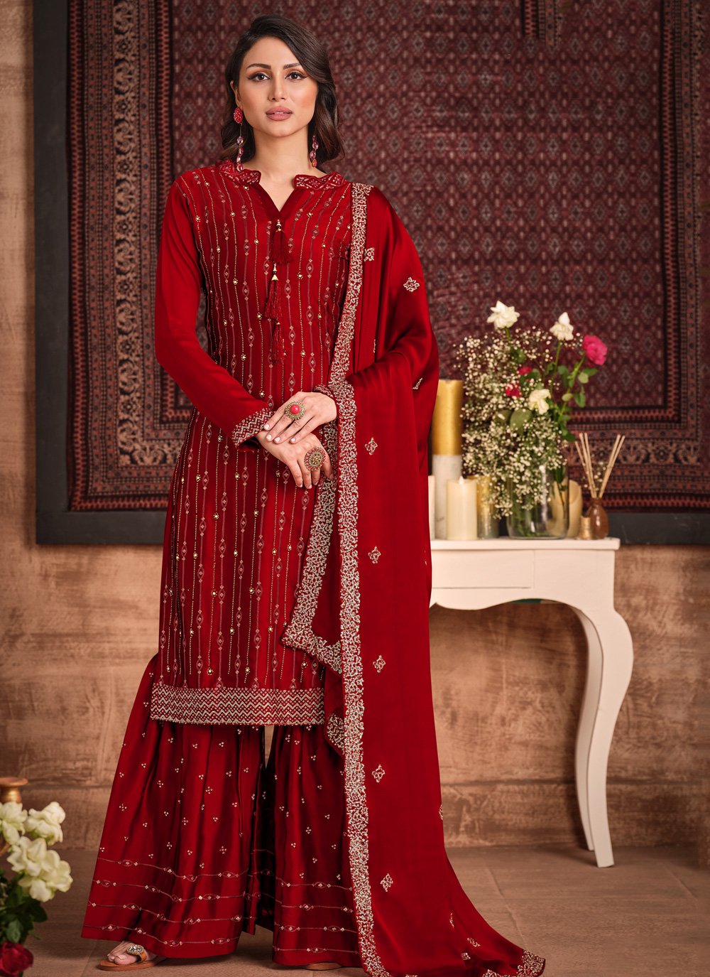 Red Silk Designer Palazzo Suit