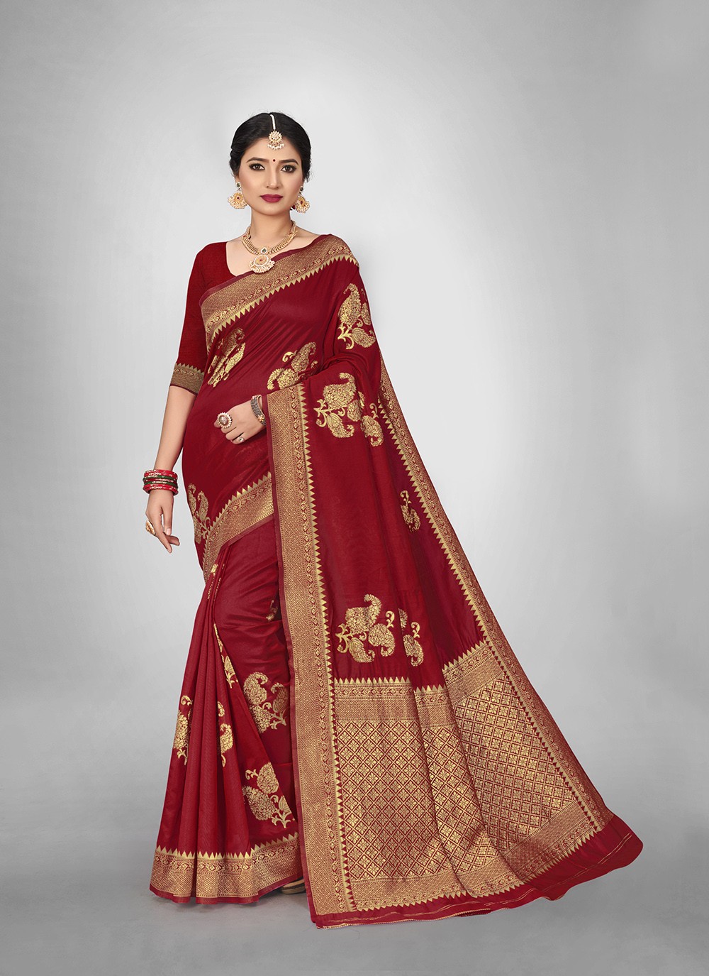 Red Weaving Art Silk Silk Saree