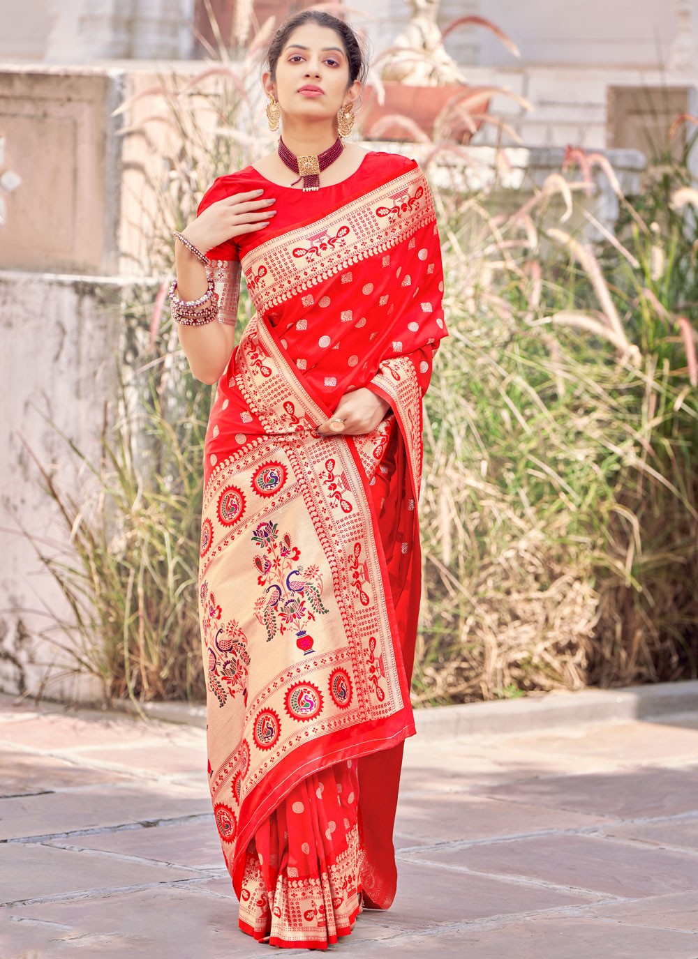 Red Weaving Banarasi Silk Designer Traditional Saree