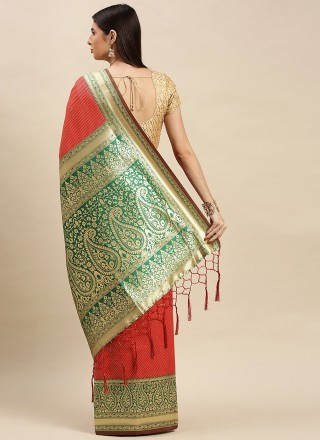 Red Weaving Mehndi Designer Traditional Saree