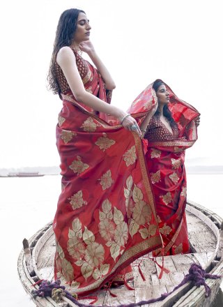 Red Weaving Trendy Saree