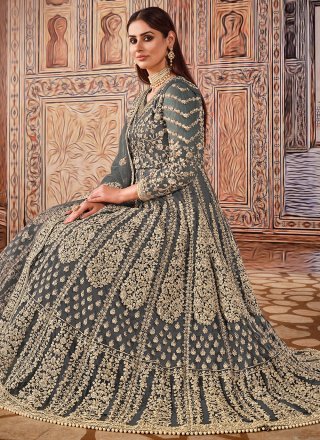 Resham Grey Floor Length Designer Suit