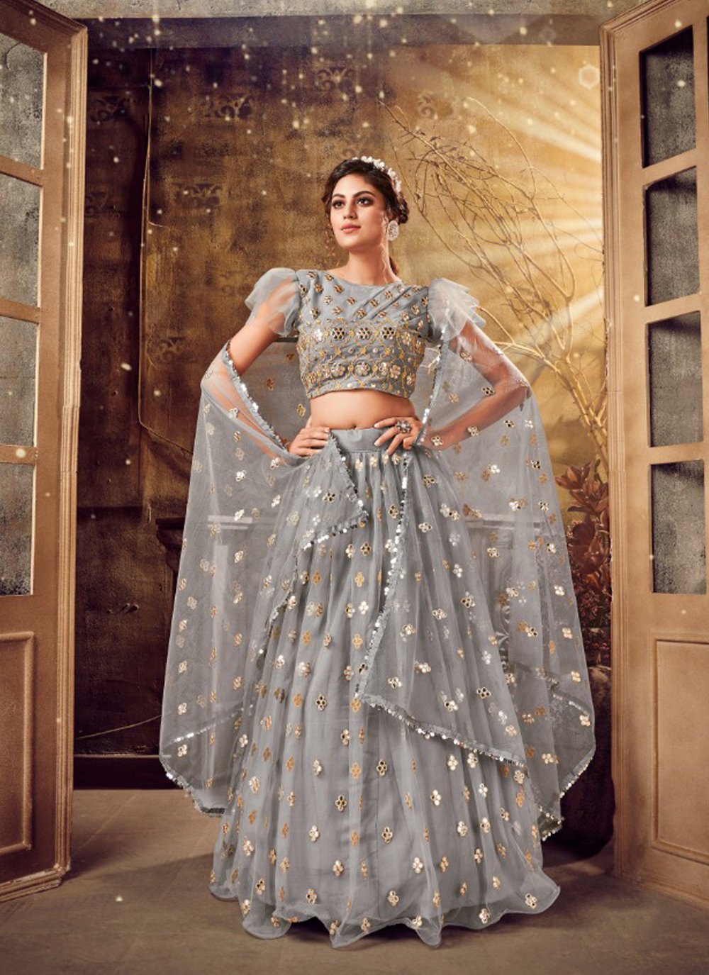 Bollywood Style Elegant Pale Blue 3 Layer Semi Stitched Crop-top-MINIAB264  - RJ Fashion
