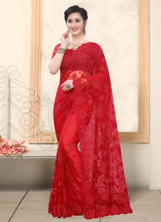 Resham Net Designer Saree in Red