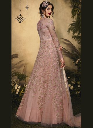 Resham Pink Net Floor Length Anarkali Suit
