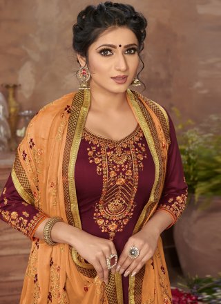 Resham Satin Pant Style Suit in Maroon