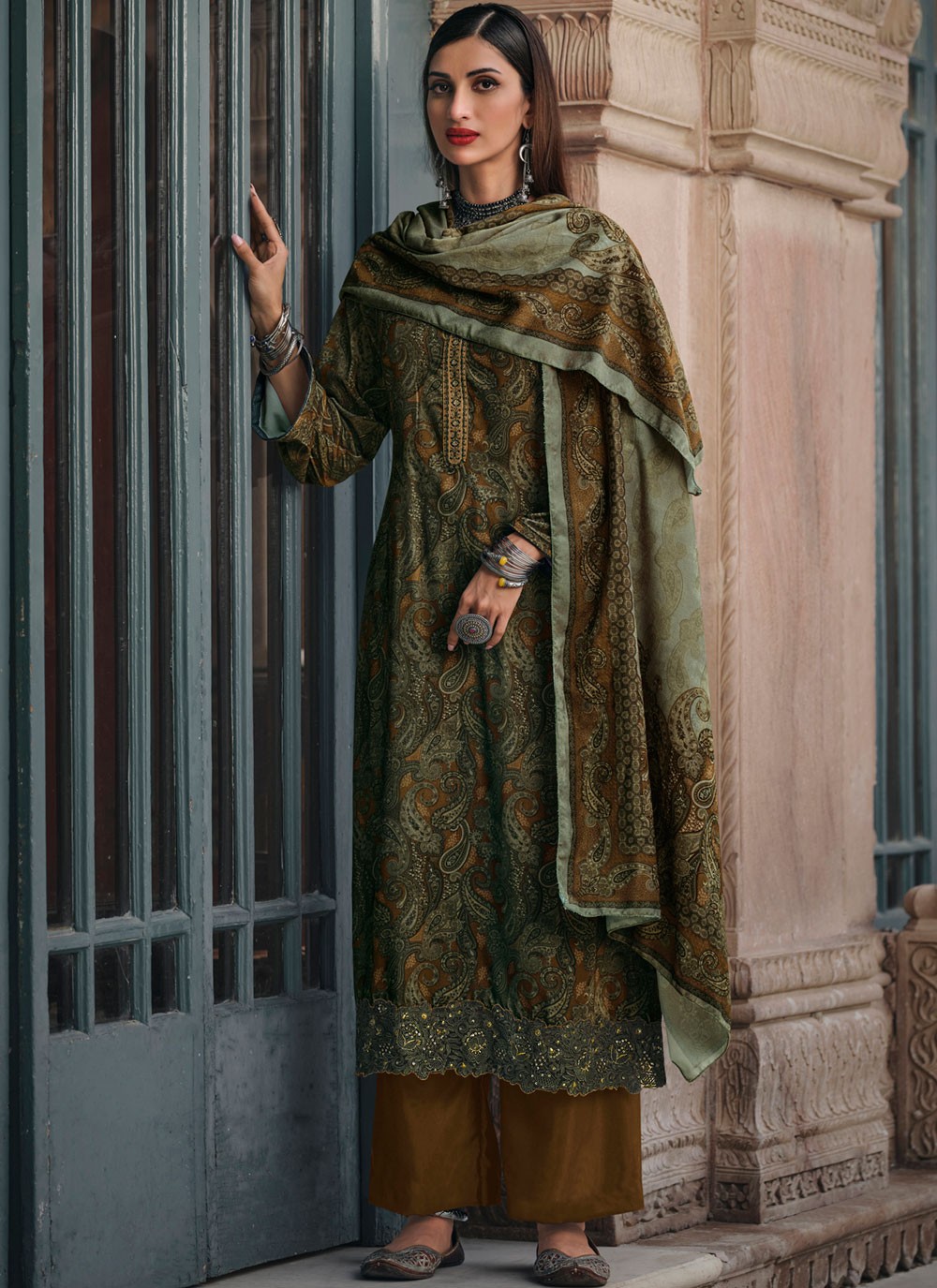 Resham Velvet Designer Pakistani Suit in Green