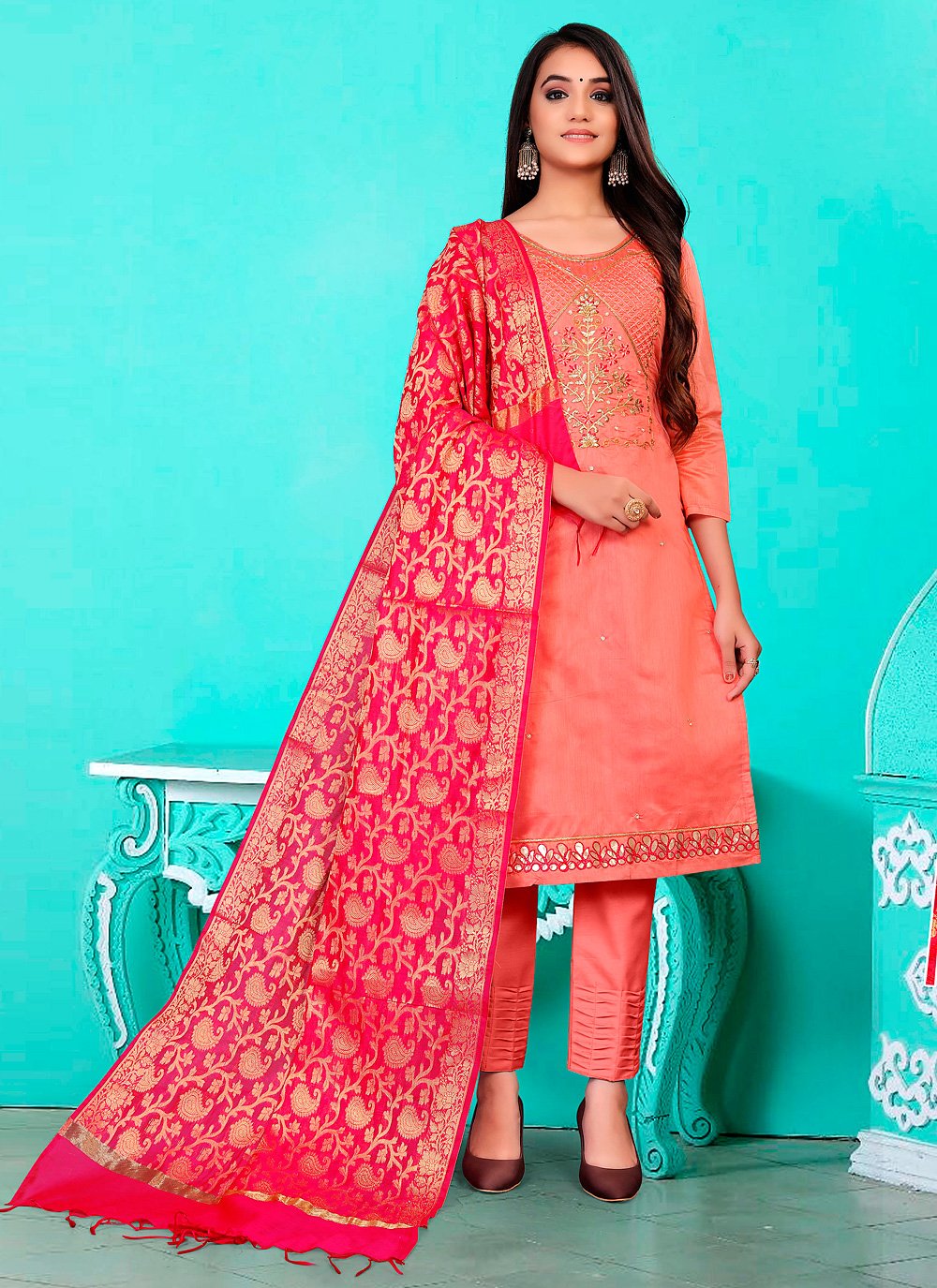 Rose Pink Banarasi Jacquard Pant Style Suit
