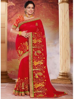 Rupali Ganguly Patch Border Red Organza Designer Saree