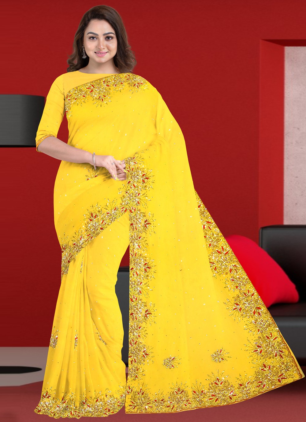 Saree Patch Border Faux Georgette in Yellow