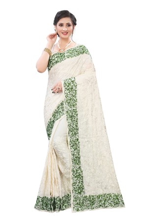 Saree Patch Border Satin in Off White