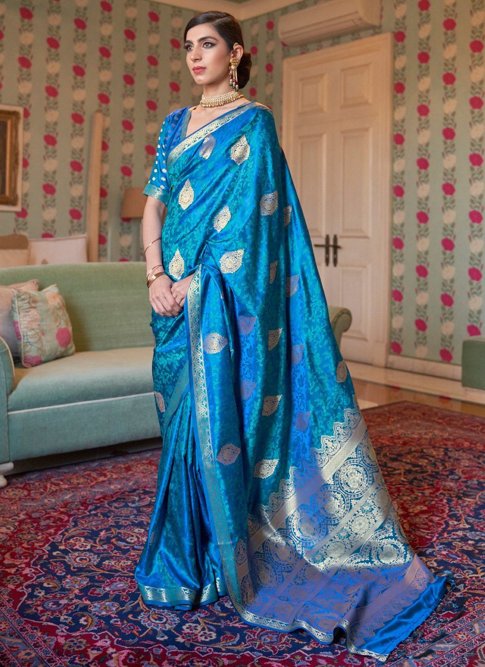 Saree Weaving Satin in Blue