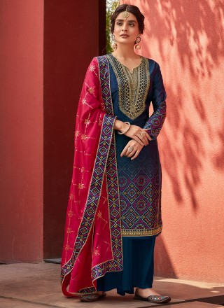 Satin Embroidered Navy Blue Designer Palazzo Suit