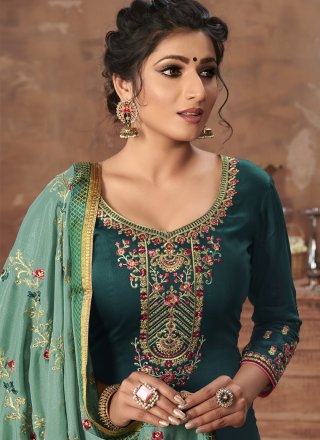 Satin Green Embroidered Pant Style Suit