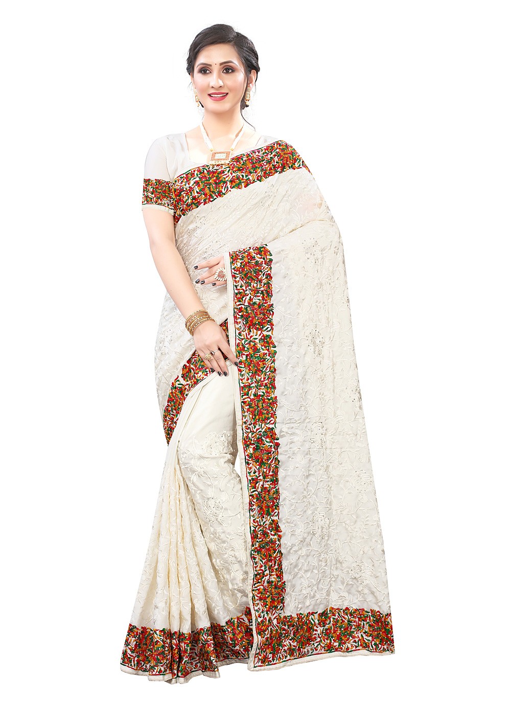 Satin Off White Embroidered Trendy Saree