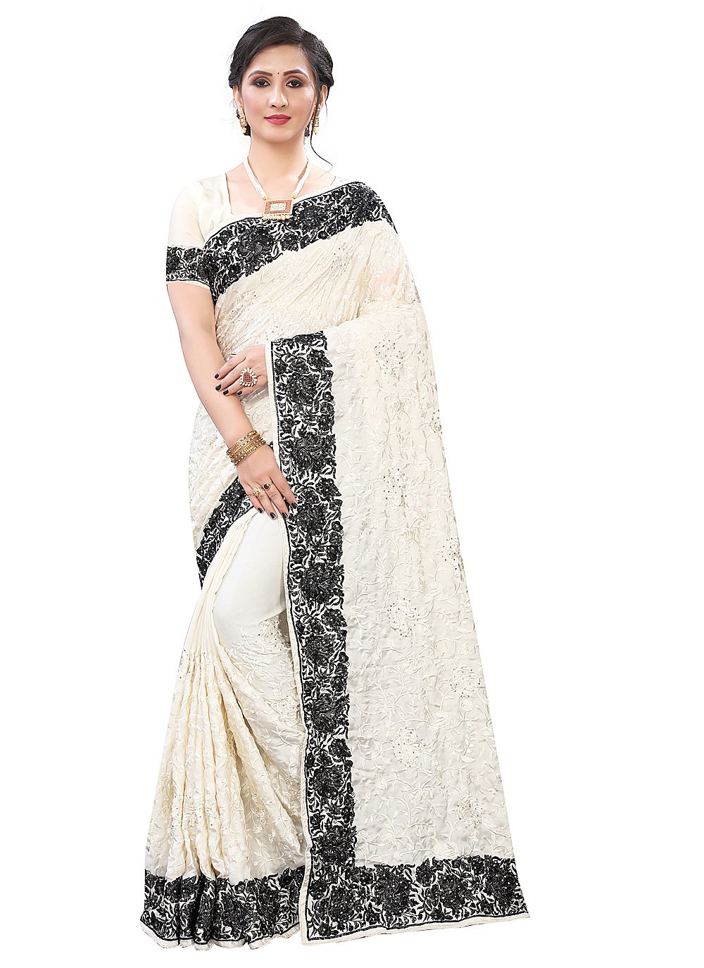 Satin Patch Border Classic Designer Saree in Off White