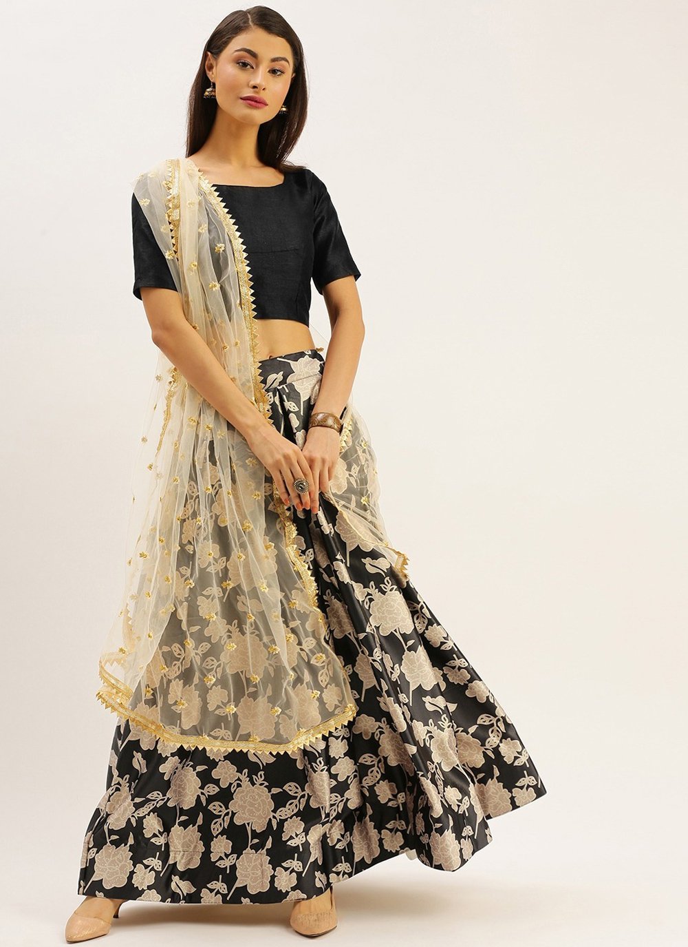 Buy Black Lehenga Saree Chiffon Anupa Border Stitched With Blouse For Women  by Gopi Vaid Online at Aza Fashions.