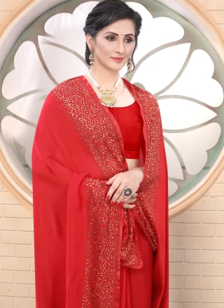 Satin Red Fancy Trendy Saree