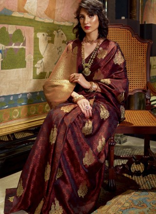 Satin Silk Brown Weaving Designer Traditional Saree
