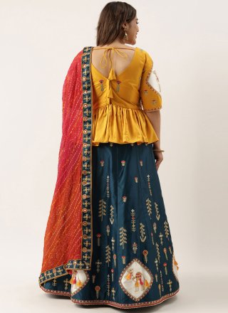 Satin Silk Embroidered Lehenga Choli in Blue and Yellow