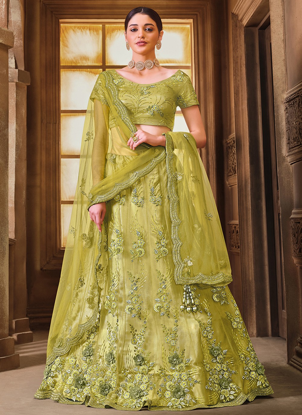 Sampradaya - 071. Elegance Redefined. Available . Stunning parrot green  color kanchi pattu lehenga and blouse with blue