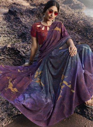 Satin Silk Printed Saree in Multi Colour