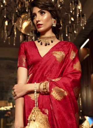 Satin Silk Red Classic Designer Saree